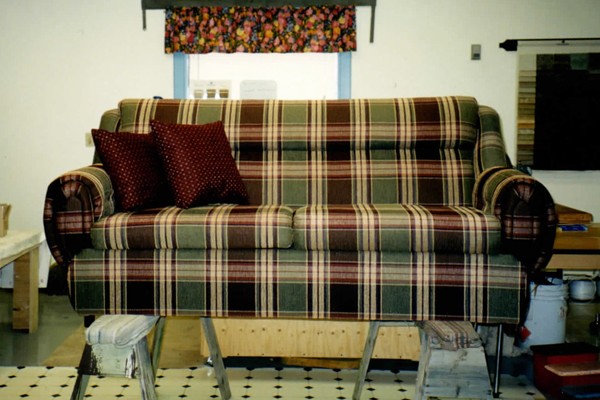 Plaid loveseat after reupholstery