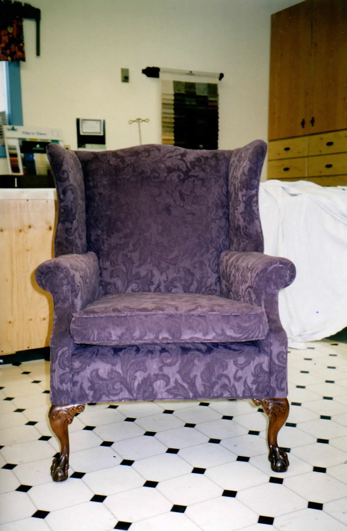 Purple armchair after reupholstery