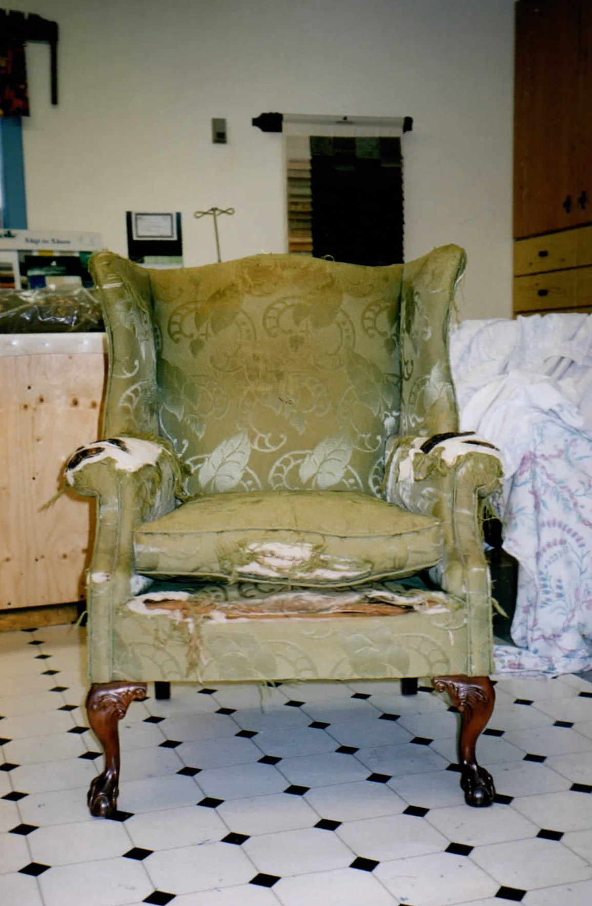 Purple armchair before reupholstery