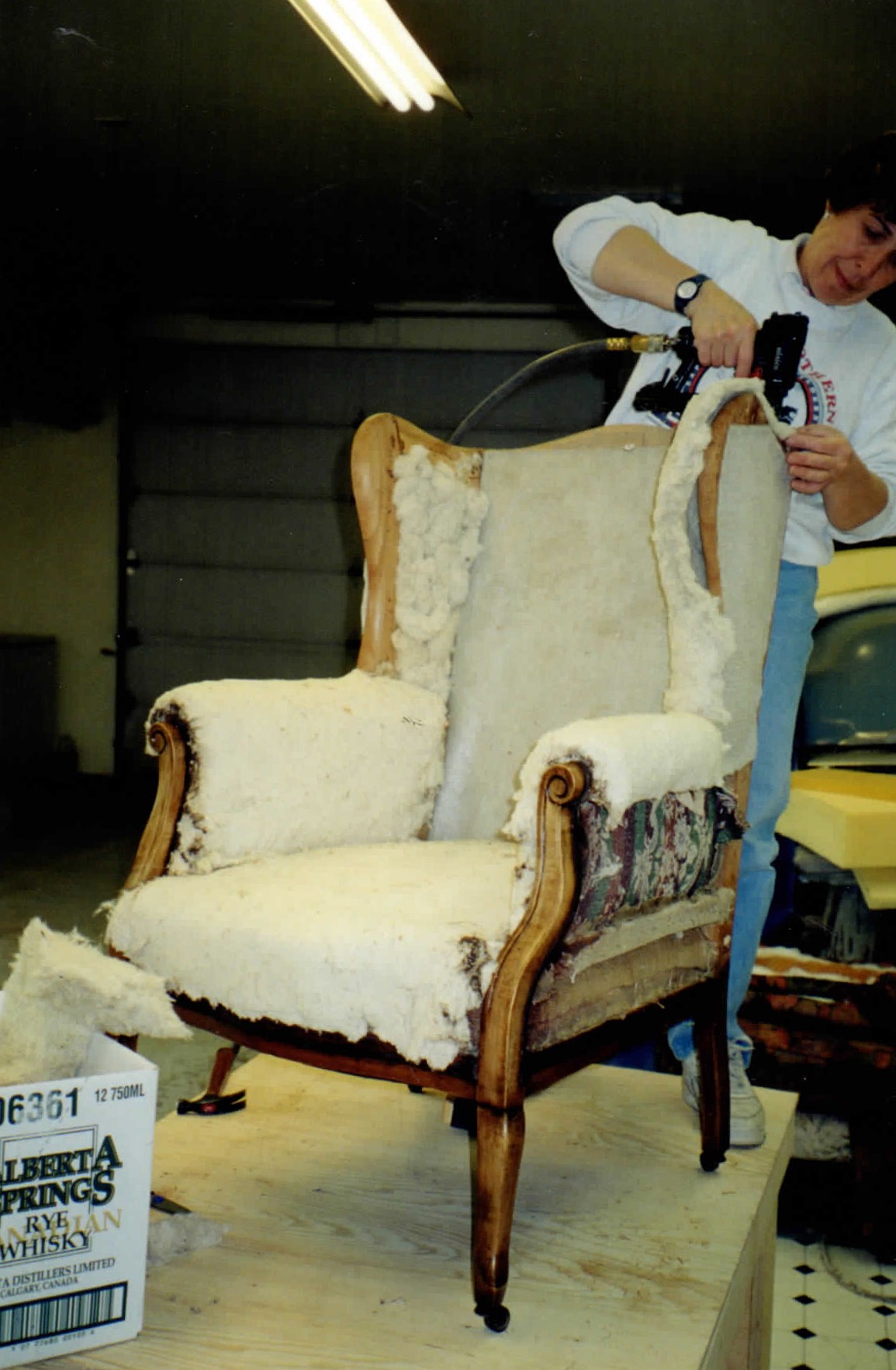 Striped armchair before reupholstery